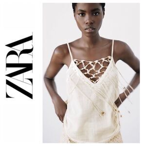 NWT Zara Beaded Macrame Knot & Fringe Cotton V-Neck Top in Ecru, Size XS